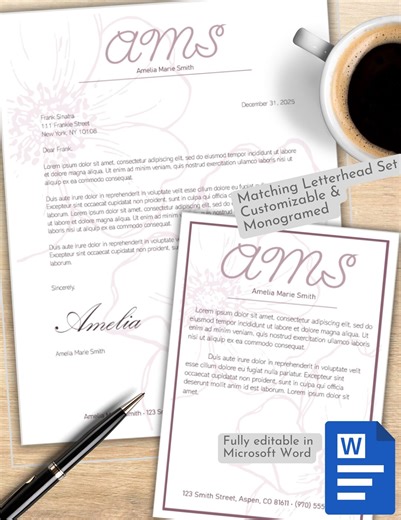Customizable Personal Letterhead Set • Blush Floral Design • Edit in MS Word • Google Doc • Template • Digital Download Only - Etsy