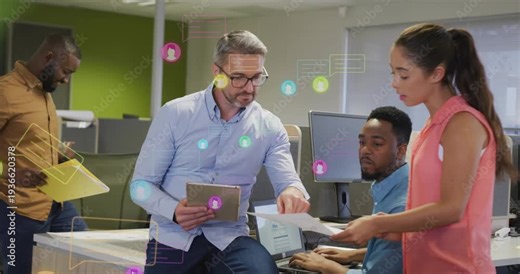Woman handing pages, manager pointing, colleagues comparing tablet for project review with chat UI