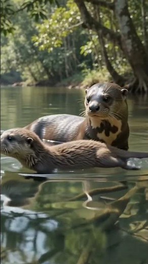 otter teaches pup swim