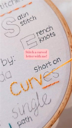 Julie Stuart ⋒ on Instagram: "Here's some tips for stitching curves on letters! ☺ When you go around the curves of your letter, keep your stitches shorter. That will help you negotiate around the tighter curves. On a script font that has the filled-in areas, you might find it easier to do the outline first and then fill in those chunkier bits at the end. So basically, I just keep really consistent with the side that my needle is coming up on compared to my working thread, and doing smaller stitc