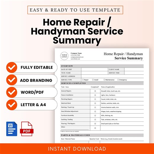 Home Repair / Handyman Visit Summary Template – Word & PDF, A4   US Letter - Etsy