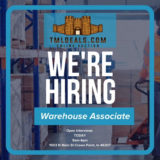 Now Hiring: Warehouse Associates – Open Interviews! We’re growing and looking for dependable team members to join our warehouse crew! 🗓 Open Interviews: Tuesday & Thursday | 9:00 AM – 4:00 PM 📍 Location: 1503 W Main St, Crown Point, IN 💰 Starting Pay: $15/hour 📦 Position: Warehouse Associate What we’re looking for: • Reliable and hardworking individuals • Able to lift and move materials • Team players with a positive attitude What to do: Just stop in—no appointment needed! Bring a resume if 