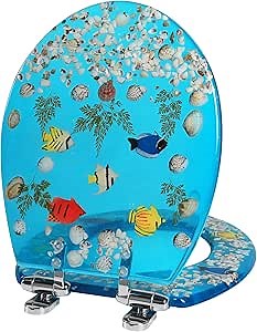 Resin Toilet Seat Round Soft Close Quick Release 3D Effects Heavy Duty Toilet Seats with Blue Fish Seashells Cover Acrylic Seats Ocean Series 17 Inch