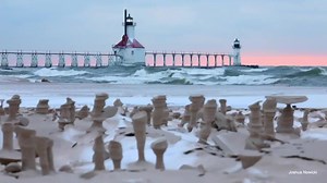 St Joseph, Michigan - sand sculptures naturally forming on the beach from part of the sand freezing then wind blows through creating unique shapes . Video: Joshua Nowicki | Ginger Zee