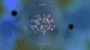 3d animation of germ inside a transparent bubble over dark background with dollar and yen icons floating around.