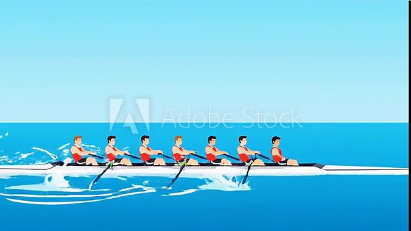 Rowers paddling in sync experience sudden crash with splash on clear blue water
