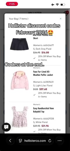 Best Hollister discount codes for today February 2026 !!! 1️⃣30% Off — HCOTREAT30 This one’s like an extra 30% off. Works for some accounts, not for others — timing and cart items matter. 2️⃣$100 discount — once per account (my fav ⭐️) You can grab that one through my page: Holly.fit. Details are in my pinned video, and it’s limited to one use per account, so don’t waste it. 3️⃣20% Off — TREATINAPP Supposed to give around 20% off. Mixed results so far, but it’s an app-related code, so definitely
