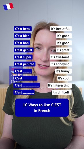 10 Ways to Use C'est in French 10 short sentences with C'est in French: C'est beau - It's beautiful C'est bien - It's good C'est bon - It's good C'est génial - It's great C'est super - It's awesome C'est pénible - It's annoying C'est drôle - It's funny C'est chouette - It's cool C'est intéressant - It's interesting C'est difficile - It's difficult #learnaanguage #apprendrelefrancais #improveyourfrench #languagelearning #frenchquiz #frenchquestions #frenchquiz