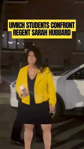 TAHRIR coalition on Instagram: "STUDENTS CONFRONT UMICH REGENT SARAH HUBBARD TO DEMAND DIVESTMENT‼️ For over 18 months, Regent Hubbard has spearheaded every effort to endanger our campus community and repeatedly doubled down on maintaining endowment investments in the zionist entity. From cutting DEI, to doxxing students, to employing police brutality on pro-Palestine protestors – all to defend funding genocide – Sarah Hubbard has consistently put her zionist, racist, financial interests ahead o