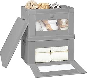 STORAGE MANIAC 2 Pack Storage Bins with Clear Window, 66L Stackable Storage Bins with Lid, Collapsible Storage Box, Decorative Closet Storage Box, Fabric Storage Cube Basket for Collage, Gray Medium