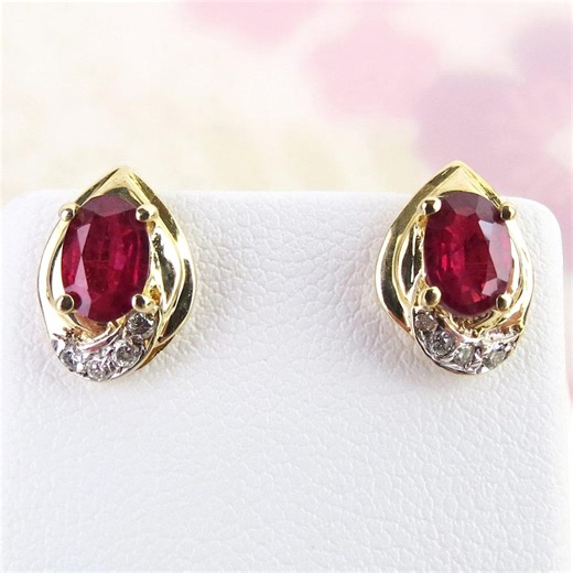 Vintage 14k Yellow Gold Ruby Earrings With Diamond Accents - Etsy
