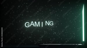 GAMING text made with letters flying off laptop screen. 3D animation