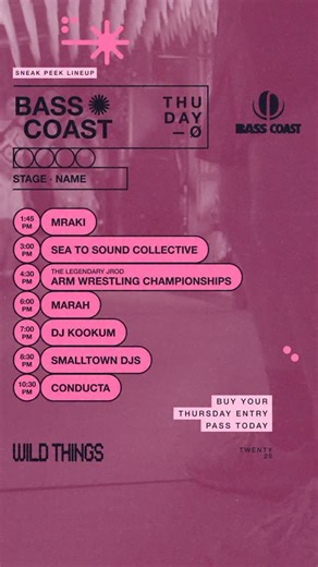 Why wait for Friday when the magic starts Thursday? THURSDAY LINE UP • 1:45PM: @mraki.ki • 3:00PM: @seatosoundcollective • 4:30PM: The Legendary Jrod Arm Wrestling Championships • 6:00PM: @marah_irl • 7:00PM: @djkookum • 8:30PM: @smalltowndjs • 10:30PM: @conductauk Thursday at Bass Coast is that rare sweet spot—where you can set up camp at your leisure, explore the grounds before crowds arrive, and immerse yourself in a full day of incredible music. It’s not just an add-on, it’s essential. Those