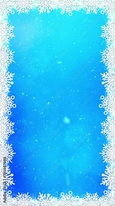 Vertical Snowflake Rotation Frame Snow on Blue 4K Loop features a blue sky with moving clouds and rotating snowflakes around the edge to make a frame in a loop.