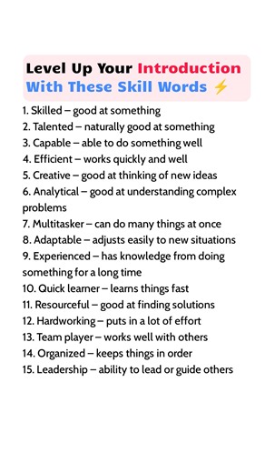 "Ace your next interview with the right words to describe your skills! 🧠✨" #EnglishVocabulary #InterviewTips #SoftSkills #JobInterviewWords #ProfessionalEnglish #SkillsAndAbilities #ResumeTips #CareerSuccess #SpeakWithConfidence #LearnEnglish #VocabularyForSuccess #ESLResources #EnglishForInterviews #PowerfulWords #SelfIntroduction #CommunicationSkills #JobReady #CareerGrowth #SkillWords #ConfidentSpeaking #WordPower #EnglishTips #SpeakSmart | Learning Treasure