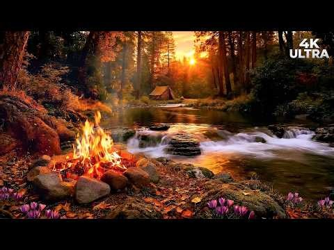 4K UHD Cozy Campfire by a Gentle Stream at Sunset | ASMR Nature Sounds for Better Sleep & Relaxation