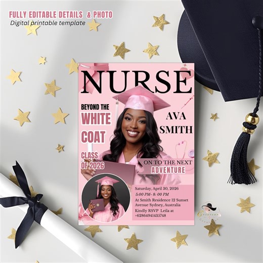 Pink Nurse Graduation Invitation, 2026 RN Pinning Ceremony Invite With Photo, Medical BSN Nursing Graduate Flyer LPN Magazine Cover Template - Etsy UK