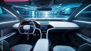 Interior of a self-driving car controlled by an artificial intelligence autopilot. Concept of future technologies, internet of things and smart devices.