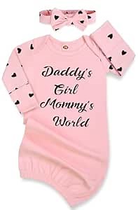 Newborn Girl Baby Nightgown, Long Sleeve Baby Gowns with Mittens & Headband, Going Home Outfit Newborns Girl with Open Bottom, Easy to Change Diapers 0-6 Months Pink Heart