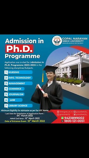 2K views · 41 reactions | GNS University, Jamuhar, is inviting application for 2022-2023 batch of PhD program in the following disciplines. Apply confidently and get enrolled. Best wishes. #PhD #admisión2022 | Gopal Narayan Singh University | Facebook