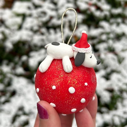Snoopy Inspired Ornament | Gift for Cartoon Fans | Holiday Collectible | Sleeping Dog on Christmas Ball | Handmade Cold Porcelain Decor - Etsy