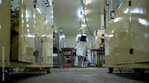The production supervisor is inspecting and controlling the operation of packaging line of the canned fish processing plant