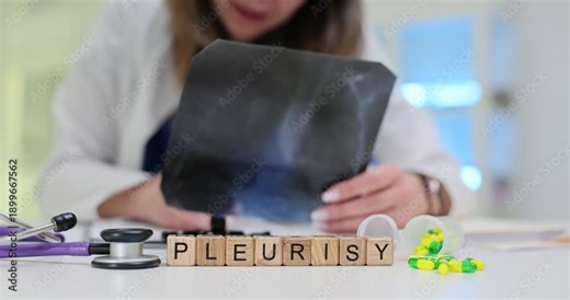 Wooden cubes spell word Pleurisy on busy medical desk. Woman doctor studies lung X-ray writing pleurisy diagnosis treatment plan carefully in hospital