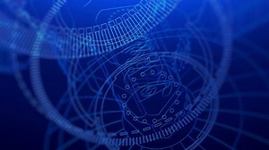 Telecommunications satellite in space, close-up, drop-down solar panels goes into the geostationary orbit of the earth. Set Technological background in the x-ray or wire frame style . 3d rendering.