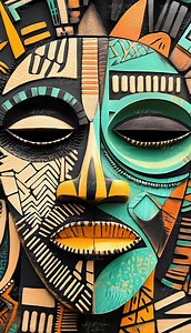 Printable Wooden African Mask - Abstract Tribal Design in Black, Teal, Orange and Gold - Etsy