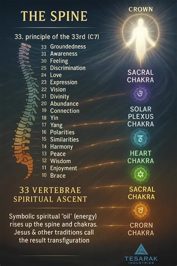 This is for Educational and Entertainment purposes only. This video is not geared or claims to make or insinuate medical fact. Below is a clear, detailed, non-religion-bashing, non-medical, symbolic–spiritual explanation tying together ✅ 1. First: The Spine, the 33 Steps, and Why That Number Matters Your first image shows a colored spine broken into segments with qualities next to each vertebra: 33 levels from groundedness → grace → divine principle This mirrors: the 33 vertebrae in the human sp