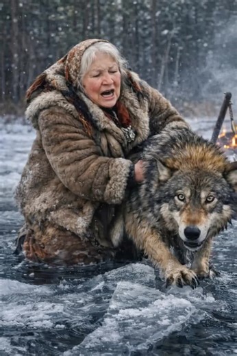 The old woman was saving a wolf that was drowning on the ice, and when everything already seemed to be over, they stepped out of the forest… The woman froze in shock, unable to believe her eyes 😱😨 In the mountains, the frost was severe. The lake was almost completely covered with ice, but in one spot the water remained open. That was exactly where the wolf was struggling. He had fallen into an ice hole and couldn’t get out. The ice beneath his paws crumbled, he slipped and fell back into the w