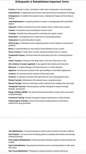 Orthopaedic Important Terms Fracture: A break in a bone, classified as either open (compound) or closed (simple). Osteoarthritis: A degenerative joint disease characterized by the breakdown of cartilage. Osteoporosis: A condition that weakens bones, making them fragile and more likely to fracture. Joint Replacement: A surgical procedure to replace a damaged joint with a prosthetic implant. Ligament: A fibrous connective tissue that connects bones to other bones at joints. Tendon: A connective ti