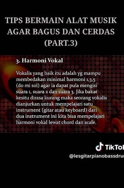 tips (part.3) teknik cara bermain musik, gitar, piano keyboard, drum, bass, vokal yang lebih baik, cerdas, enak, dan berkualitas, video tutorial artikel ini akan menjelaskan poin-poin penting yang jadi poin rahasia jago main musik dalam memainkan berbagai alat musik instrument diantaranya gitar akustik, gitar elektrik, piano keyboard, drum, bass, vokal, biola dan lain-lain... video artikel tutorial ini sangat penting disimak khususnya untuk para pemula dan menengah, selamat menyimak dan semoga b
