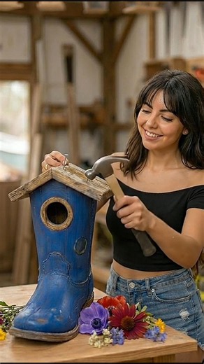 DIY Upcycled Cowboy Boot Birdhouse! 🤠🏠 #Shorts #DIY #GardenDecor #Upcycled #Birdhouse