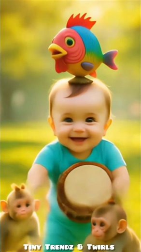 Little baby dancing with monkeys