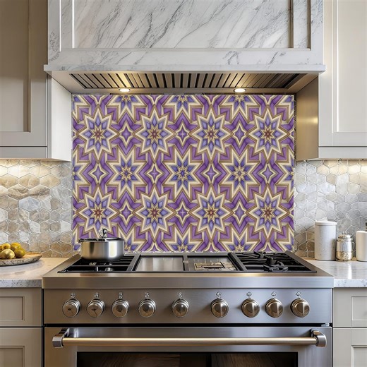 Tempered Glass Kitchen Stove Backsplash Tiles: Purple Star Geometric Glass Wall Art - Etsy