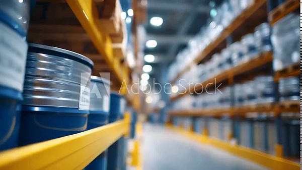 Massive chemical storage warehouse with rows of labeled hazmat containers and safety containment systems ventilation equipment and spill prevention barriers creating secure