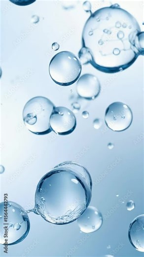 Transparent bubbles and water drops create a clean, wet texture on a blue glass backdrop