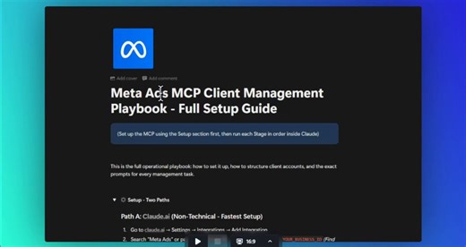 Meta Ads MCP just launched and it's TRULY insane.i used to spend years logging into accounts. exporting CSVs. analyzing data across platforms.now i control, optimize, and report on every client account - all in the same Claude chat.so i documented the ENTIRE playbook.covering our EXACT:→ setup guide: claude OAuth in 5 steps OR Claude Code config if managing multiple accounts→ naming architecture: letting Claude parse your account structure without manual context→ daily 5-minute briefing prompt: 