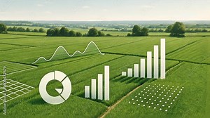 A rural landscape shows data graphs and grids blending naturally into the terrain, manufacturing process management, manufacturing planning, manufacturing strategy