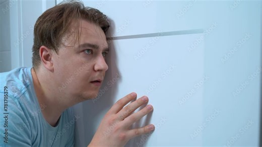 Man in a blue shirt pressing his ear against a door with a fearful expression, hesitant to open it looks around nervously and fearfully.