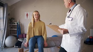 Senior male physiotherapist holding clipboard in hand examining young female patient sitting on examination bed in clinic Stock Video
