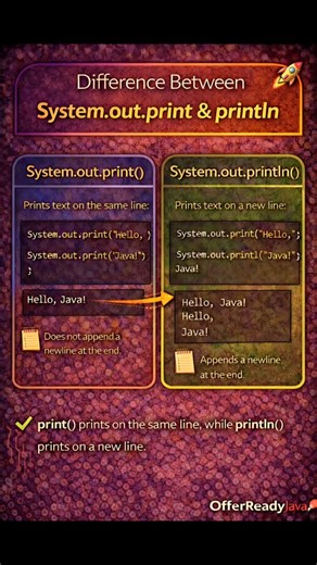 offerreadyjava on Instagram: "print vs println — a basic Java output question every interviewer asks 💯 #JavaOutput #PrintVsPrintln #CoreJava #JavaBasics #JavaInterviewPrep"
