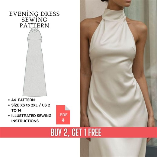 Halter Neck Dress Pattern XS-2XL (US 2-14) | PDF Sewing Pattern | Satin Slip Dress Maxi Midi | High Neck Evening Gown Digital Template - Etsy UK
