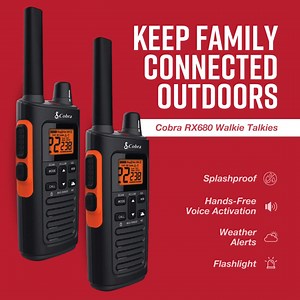 Whether it’s a holiday trip or a weekend hike, the RX680 radios keep your family close with private channels, weather alerts, and hands-free voice activation. | Cobra Electronics US
