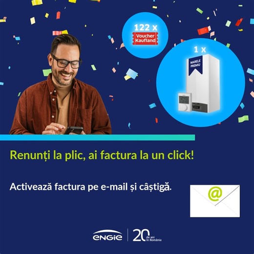 📩 Factura ta de energie, acum pe e-mail – simplu, rapid și eficient! Activează acum factura pe e-mail și nu mai aștepta după plic: https://www.engie.ro/factura-email/ Faci o alegere smart și, în plus, ai șansa de a câștiga un super premiu: • 1x pachet cu centrală termică Ariston Clas One 24 WiFi și termostat wireless Siemens, pentru eficiență și confort; • Unul dintre cele 122 de vouchere Kaufland, pentru răsfăț la cumpărături. | ENGIE