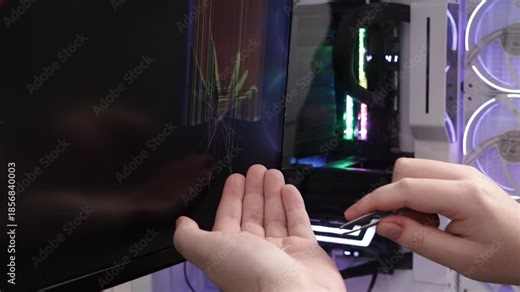 Man's hands attempting a detailed DIY repair on a severely damaged computer monitor with a cracked LCD screen, representing hardware failure and warranty issues