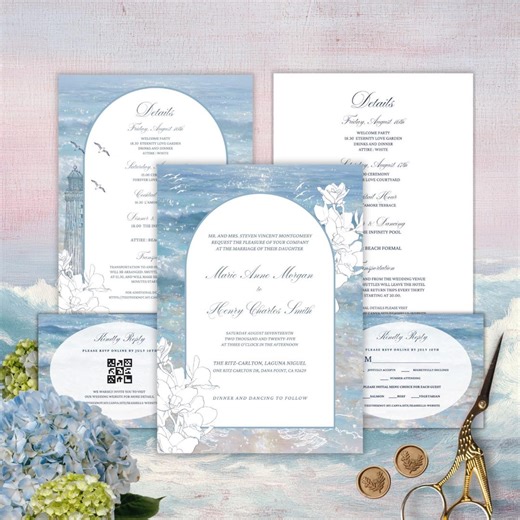 Editable Timeless Beach Wedding Invitation Suite Template, Romantic Coastal Painting Wedding Invite Set, Instant Download - Etsy