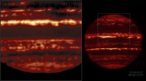 • JUPITER in Infrared • Lucky Imaging 10.9.2020 • This video shows one lucky imaging set of observations on Jupiter, taken 8 April 2019 in infrared, as a timelapse on each pointing of the mosaic (left) used to construct the final full view of Jupiter (right). The power of lucky imaging is clearly shown: some frames are sharp and detailed, while others seem blurred or even unfocused because of changes in Earth’s atmosphere above the telescope. By combining only the sharpest images in each pointin