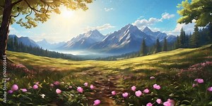 a view of a beautiful flower field with trees all around, and mountains in the background with soft sunlight filtering through the leaves and on the field floor